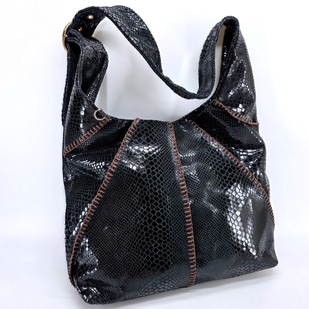Vintage Sharif Hobo Shoulder Bag Black Snakeskin Embossed Leather Whipstitch Y2K